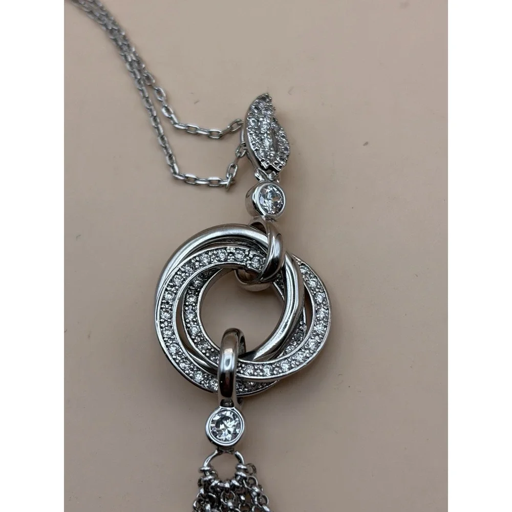 Silver CZ Tassel Fringe Necklace Pave Circle Pendant Magnetic Clasp Arthritis